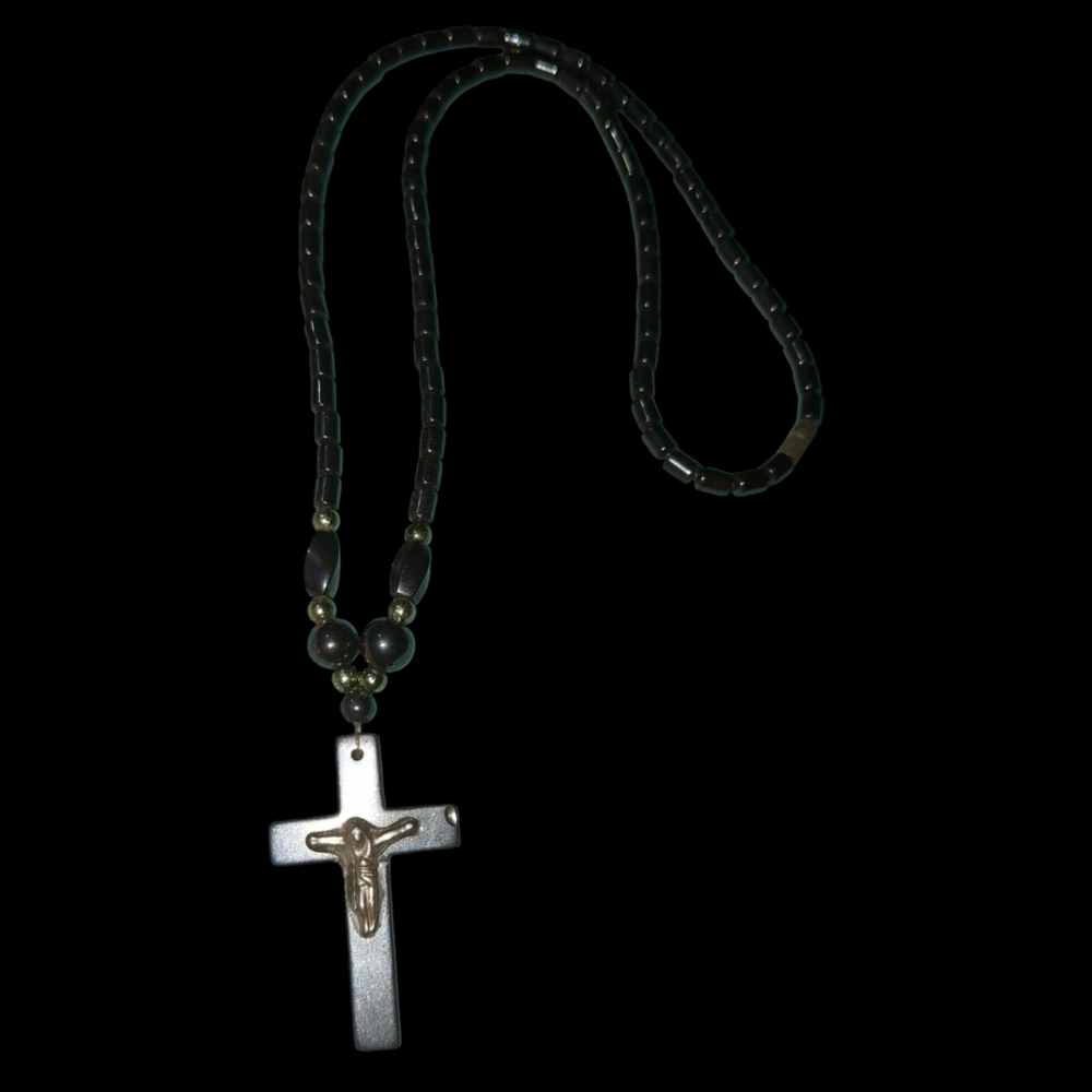Black Hematite Beaded Necklace with Cross Pendant